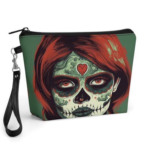 Bolsa de maquillaje de calavera de gran capacidad con asa para artículos de aseo