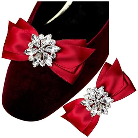 2 Pcs Rhinestones Shoe Clips Elegant Ribbon Bowknot Shoe Charms Decoration for Wedding High Heels Accessories Gift Giving Scarlet Cover