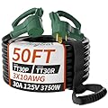 PlugSaf 50 FT 30 Amp RV Extension Cord Outdoor with Grip Handle, Flexible Heavy Duty 10/3 Gauge STW RV Power Cord Waterproof with Cord Organizer, NEMA TT-30P to TT-30R, Black-Green, ETL Listed