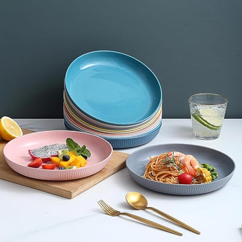 Image of Wheat Straw Plates Set of 8 - Unbreakable Round 9 Inch Dinner Plates for Kids & Adults - BPA-Free, Eco-Friendly, Dishwasher & Microwave Safe - Multicolor Set for Home, Camping & Outdoor Use