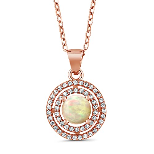 Gem Stone King 18K Rose Gold Plated Silver Round Cabochon White Ethiopian Opal Pendant Necklace For Women (1.20 Cttw, with 18 Inch Chain)