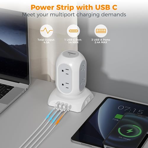 Tower Power Bars with Surge Protector, TESSAN Flat Plug Extension Cord 10 Ft with 8 AC Multiple Outlets and 4 USB Ports (1 USB C), 1050J Power Strip Desk Charging Station for Home  image 2