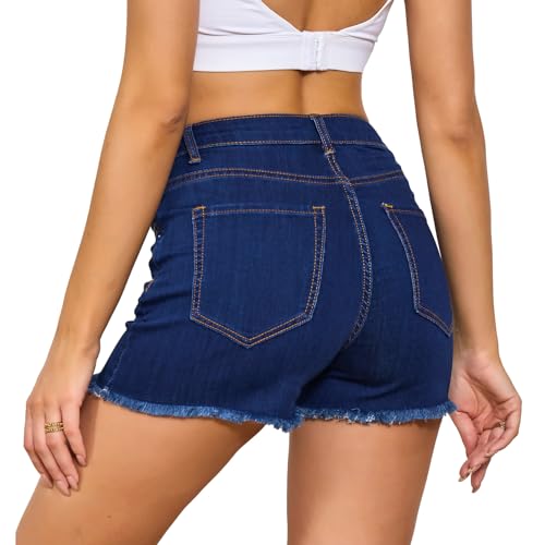 Image of VIPONES Women Mid Rise Jeans Shorts Frayed Raw Hem Summer Stretchy Casual Denim Shorts