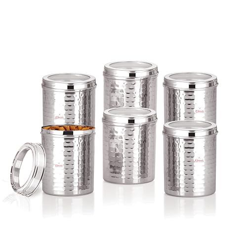 Image of Ebun Stainless Steel Containers for Kitchen Storage Set | Steel Storage Containers for Kitchen | Steel Containers with Lid | Hand Hammered Texture Airtight Steel Containers 1.25 Kgs | Pack Of 6