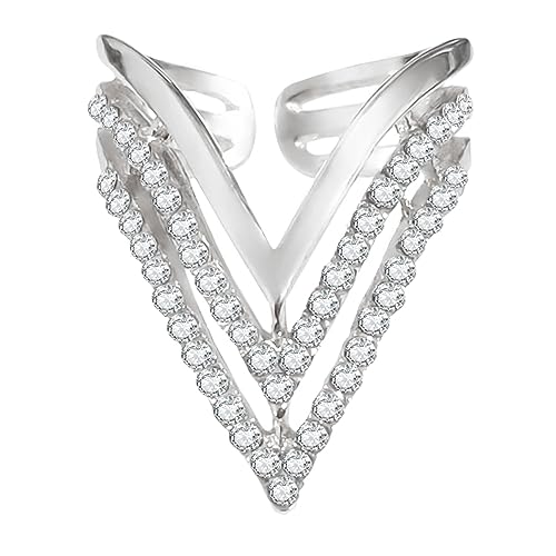 Layered V Shaped CZ Statement Ring for Women Gold Plated Cubic Zirconia Expandable Adjustable Boho Finger Rings Comfort Fit Dainty Birthday Wedding Cocktail Party Jewelry Gifts - Main Image