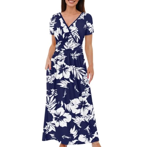Image of Women's Fall Summer Short Sleeve Ankle Length V-Neck Party Dress with Pockets Size S-3XL