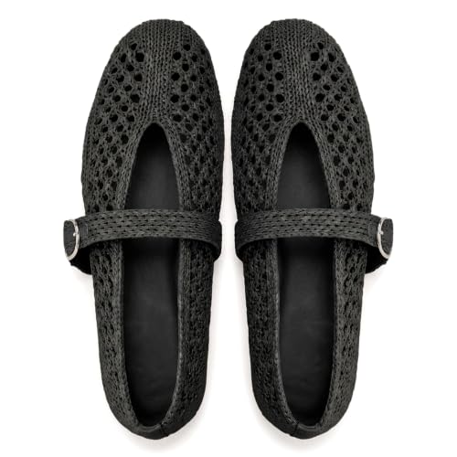 Image of Woven Ballet Flats Women Mesh Raffia Flats Round Toe Mary Janes Comfortable Ballerina Flat Shoes