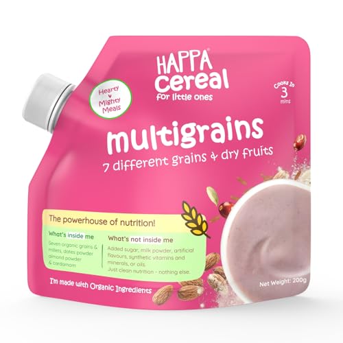 Image of Happa Multigrain Cereal for Babies | Only 7 Ingredients | No Sugar, Oil, Milk Powder, Flavours or Colours | Traditional Porridge Recipe | Cooks in 3 Minutes | Stage 2 (6 Months+) | 200g Pack