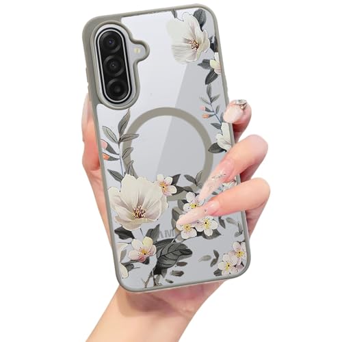 Image of VONZEE Compatible with Samsung Galaxy A17 5G Case Luxury Retro Flowers Floral Clear for Magnetic Wireless Charging Case Shockproof PC+TPU Cute Glossy Shiny Cover for Girls Women, Grey