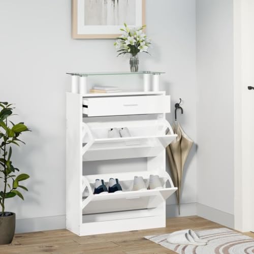 LLEZKBR Zapatero blanco brillante 63 x 24 x 104 cm, madera de ingeniería