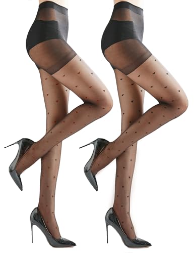 ZIHUA 2 Pairs Red and Black Hearts Tights for Women Sheer Nylon Stockings with Hearts Black+Red S