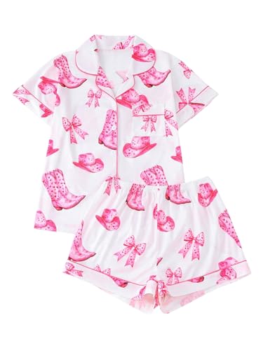 Image of Verdusa Women's 2 Piece Floral Bow Pajama Set Short Sleeve Button Down Shirt and Shorts Set White and Pink Small