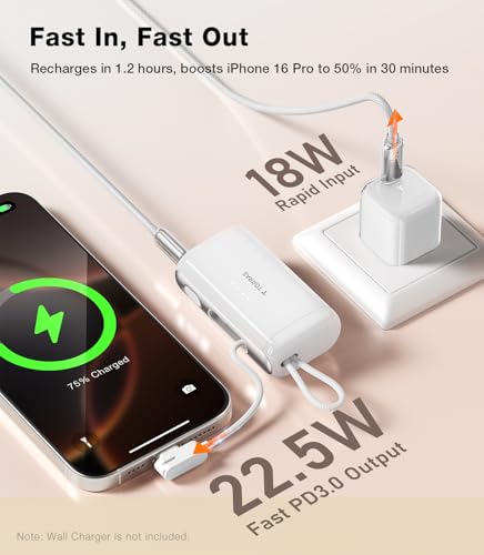 Image of TORRAS iPhone 16 Portable Charger, 5000mAh 22.5W Power Bank with Built-in USB-C Cable, Fast Charge Battery Pack for iPhone 17 /16 /15, Galaxy S25, Google for Travel Outdoor Hiking Backup Battery, White