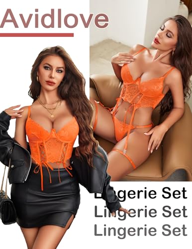 Image of Avidlove Women's Lingerie 4 Piece Garter Lingerie Floral Lace Bra and Panty Sets with Underwire S-XXL