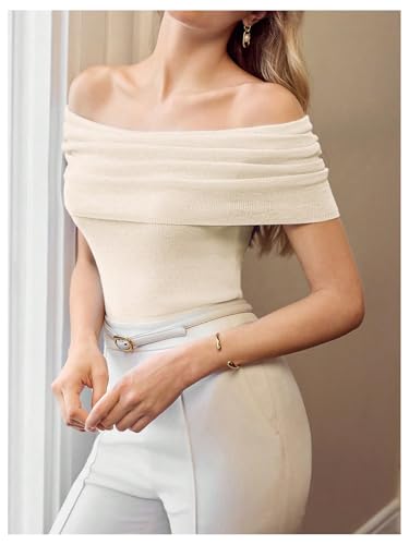 GORGLITTER Women's Off The Shoulder Sweater Short Sleeve Ruched Lightweight Knit Business Casual Tops2