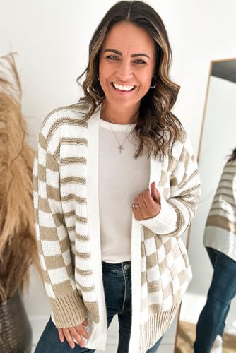 Classic Long Sleeve Knit Cardigan: Smoke Gray Gingham Stripes4