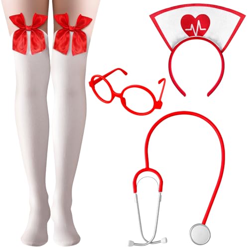 Gullora 4 Pcs Nurse Costume Accessories for Women Halloween Cosplay Kit with White Thigh High Stockings with Red Bows Nurse Headband Stethoscope and Glasses for Party Clubwear Role Play