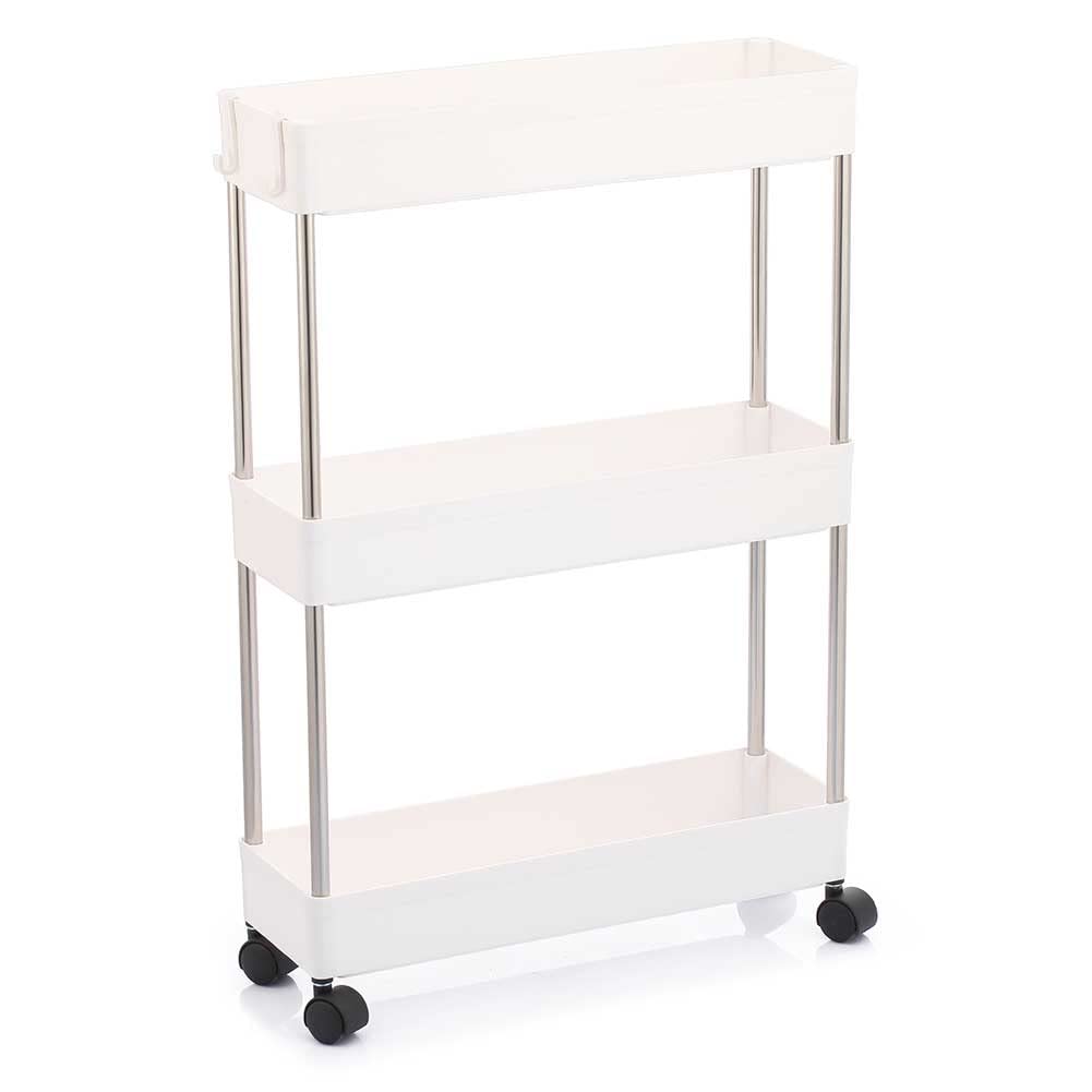 BAKAJI Carrello Carrellino Slim Stretto Sottile Salvaspazio Cucina Bagno Ripostiglio con Ripiani e 4 Ruote, Scaffale Portaoggetti Multiuso con Rotelle (3 Ripiani)