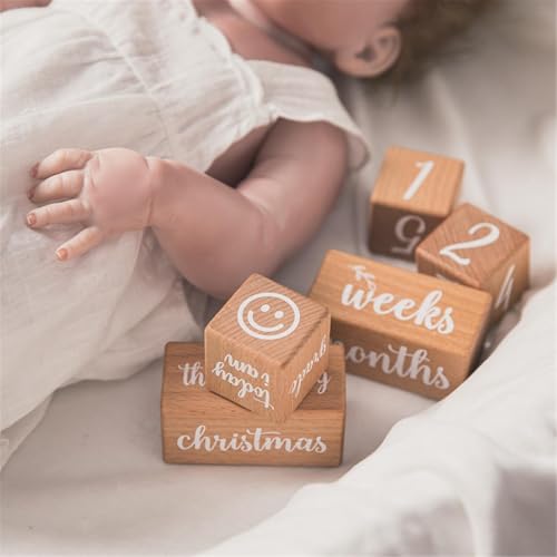Juego de hitos de madera para bebés: de seguimiento digital, acabado liso, accesorios de registro de crecimiento mensual, pantalla de memoria de fotografía | Bloques de hitos para bebé, recuerdo - imagen 2