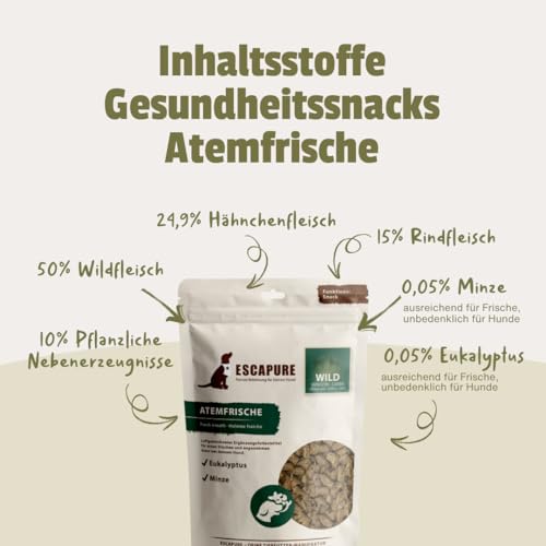 ESCAPURE Atemfrische - Natürlicher Wildfleisch Snack mit Minze & Eukalyptus für Hunde – Premium Protein Leckerli für frischen Atem - Zahnpflege Unterstützung im Alltag (150g)