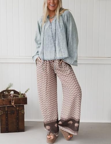 Womens Wide Leg Printed Pants with Stretch Drawstring Waist and Side Pockets Boho Lounge Casual Trousers(Khaki-L)2