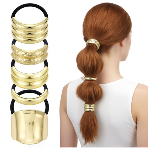 DOPENSPI 5 Stück Gold Haarmanschetten für Pferdeschwanz, Metall-Haargummis Elastisch Haarband Punk Haar Halter und Ponytail Zubehör Geometrisches Design Cuff für Frauen