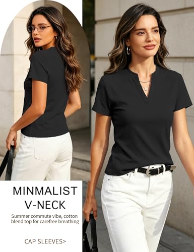 Image of Meetrendi Women's Notch V Neck T-Shirt Slim Fit Premium Cotton Blend Short Top