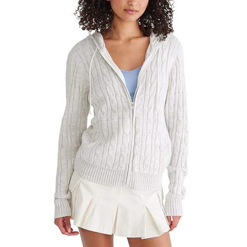 Aéropostale Women's Zip UP Cable Sweater, Light Heather Grey