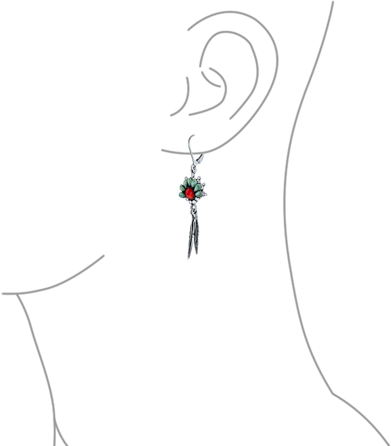 South West Native American Style Feather Leaf Earrings With Squash Blossom Turquoise Coral Gemstone Western Jewelry for Women Teen .925 Sterling Silver Lever Back - Image 3