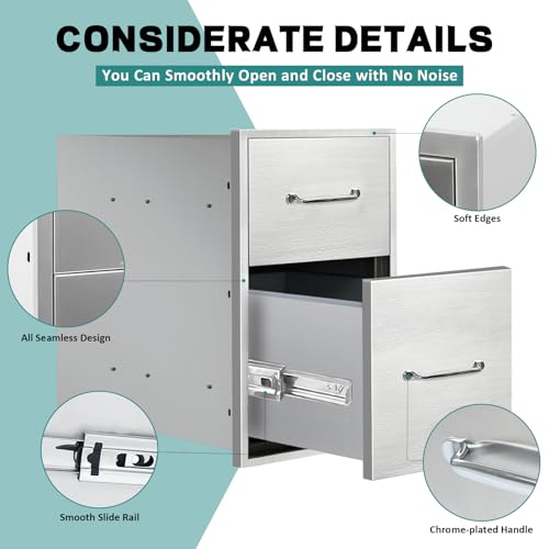 Image of Outdoor Kitchen Drawers 14 inch W x 21 inch H x 21 inch D Stainless Steel Drawer BBQ Double Drawers with Chrome Handle for Outdoor Kitchen Island, Patio Grill Station