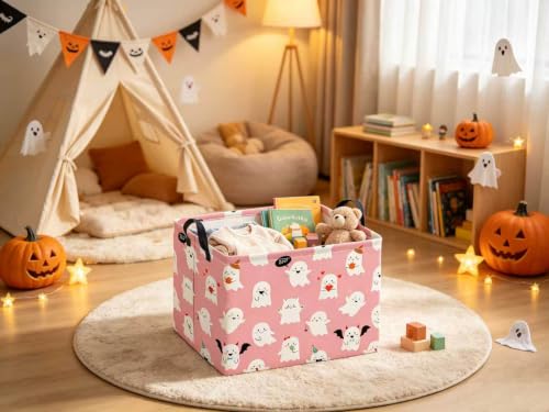 Image of Halloween Basket Cute Baskets for Kids Pumpkin Basket Rectangular Storage Bin Organizer Box Room Decor(Pink Ghosts)