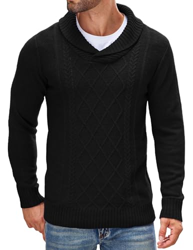 COOFANDY Men's Shawl Collar Sweaters V-Neck Relaxed Fit Cable Pullovers