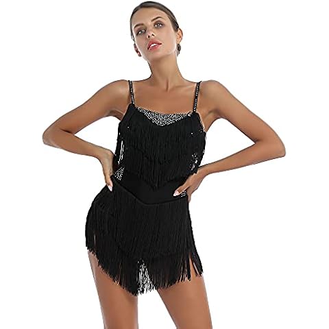 YiZYiF Womens Shiny Rhinestone Tassel Fringed Latin Leotard Dress Performance Dance Costume Black S Cover