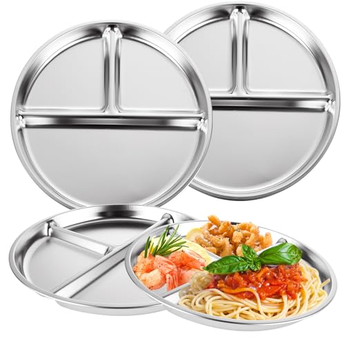 LANIAKEA 4 Pack Stainless Steel Divided Plates, 3 Compartment Por...