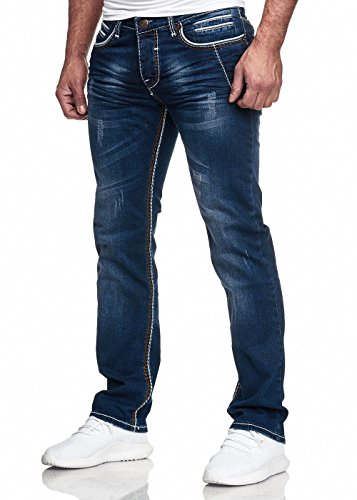iProfash Herren Jeans Hose Washed Straight Cut Regular Stretch Blau Dicke Naht Schwarz Nähte (Blau-Beige, W34/L32)