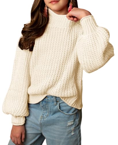 rrhss Girls Mock Neck Loose Knit Sweaters Kids Long Sleeve Slouchy Warm Cute Fashion Pullover Tops 5-14 Years Apricot