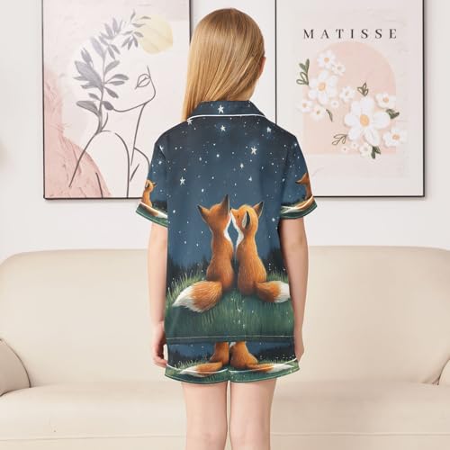 ALAZA Fox Space Starry Sky Satin Pajamas Set Short Sleeve Button Down Sleepwear Summer Pjs 2 Piece4