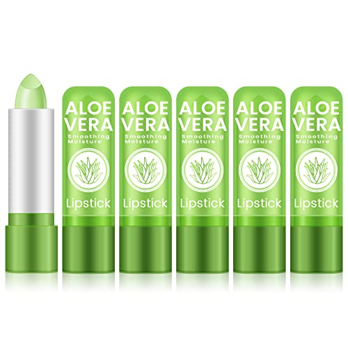 Ownest 5 Pcs Aloe Vera Lip Balm PH Color Changing Lipstick Change from Green to Natural Pink Deep Hydrating Tinted Lip Balm Daily Lip Moisturizer for Dry Cracked Lips with Real Aloe Vera