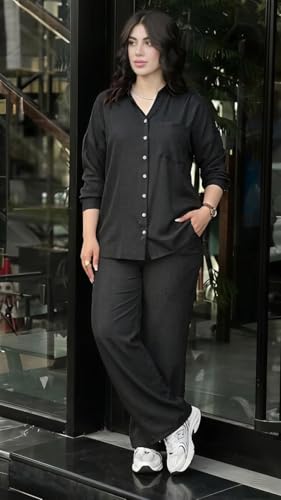 Image of Women's Solid Color Two-Piece Set | Long Sleeve Top & Wide Leg Pants Co-ord Set | Casual Wear Co ord Set