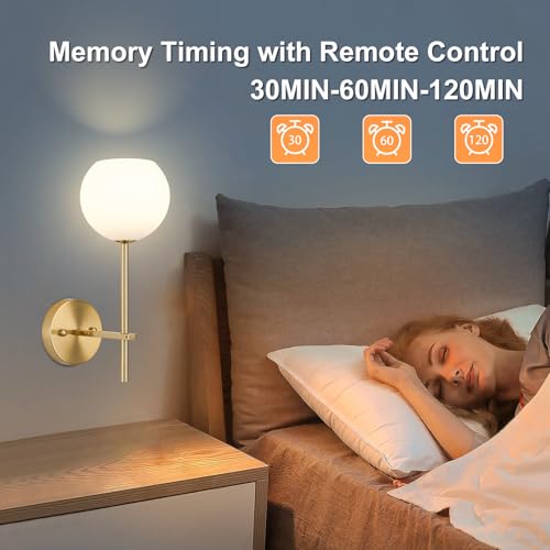 Image of Gold Battery Operated Wall Sconces Set of 2, Rechargeable Wireless Wall Lights with Milky White Frosted Glass Shade, 12 RGB and 3CCT Dimmable, Wall Lamps with Remote for Bedroom Living Room Hallway