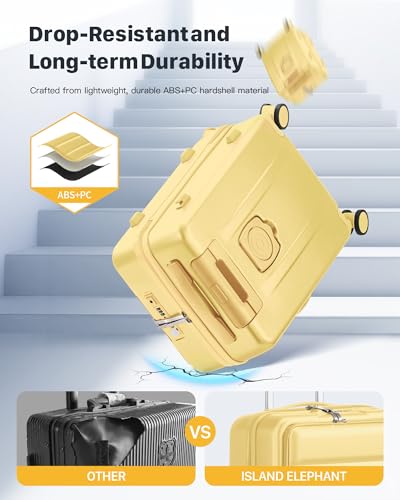 20 IN Carry On Luggage 22x14x9 Airline Approved - Front Pocket Hardside Travel Suitcase Unbreakable -with Cup Holder,Charging Port,Side Pothook, 360°Spinner Wheels, TSA Lock-Yellow3