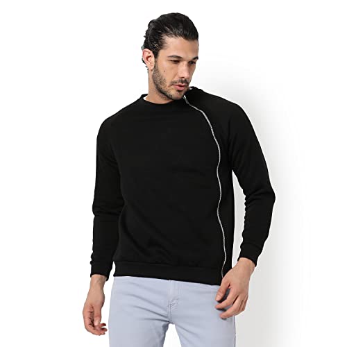 Image of Campus Sutra Men Crew Neck Sweatshirt with Zip Accent Black