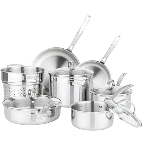 Viking Artisan 3-Ply Stainless Steel 11-Piece Cookware Set with Vented Glass Lids, Fry Pans, Saucepans, Saute Pan, Stock Pot with Strainer Insert, Oven Safe up to 600F