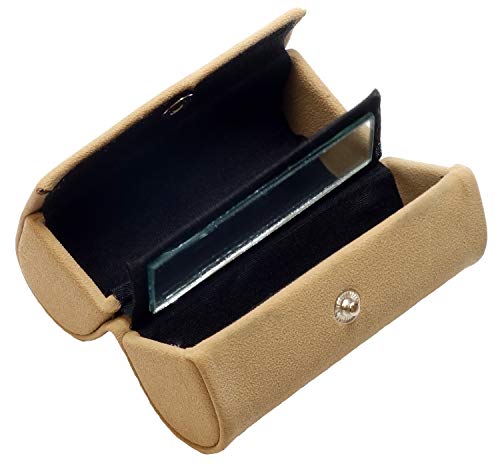 Beige Suede Travel Cosmetic Double Lipstick Case Holder with Mirror Womens Compact Makeup Bag Purse Snap Closure