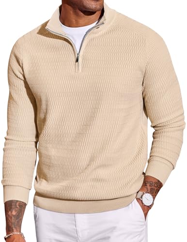 COOFANDY Mens Quarter Zip Pullover Fall Knit Sweater Slim Fit Dress Sweater for Business Casual Fall Clothes Beige