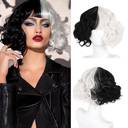 Black and White Wigs for Women, Cruella Deville Wig with Bangs Fluffy Short Layered Synthetic Hairs for Halloween Christmas Carnival Party