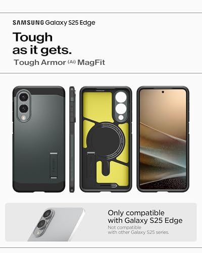 Image of Spigen for Galaxy S25 Edge Case, Tough Armor MagFit [Kickstand] [Compatible with MagSafe] [Military-Grade Protection] - Abyss Green