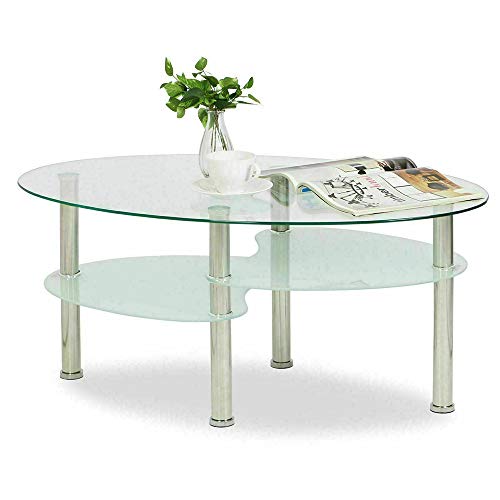 Willonin Table Basse Table de Salon en Verre Ovale avec Pieds chromés,avec 2 étagères,Table Basse en Verre de sécurité,Table de Salon/Table Basse,90 * 50...