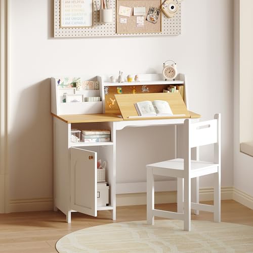 Image of Treocho Kids Study Desk and Chair Set, Kids Desk with Hutch and Tiltable Desktop for 3-8 Years Old, Wooden Children Study Table with Storage Cabinet, Student Writing Desks, Home School, Natural