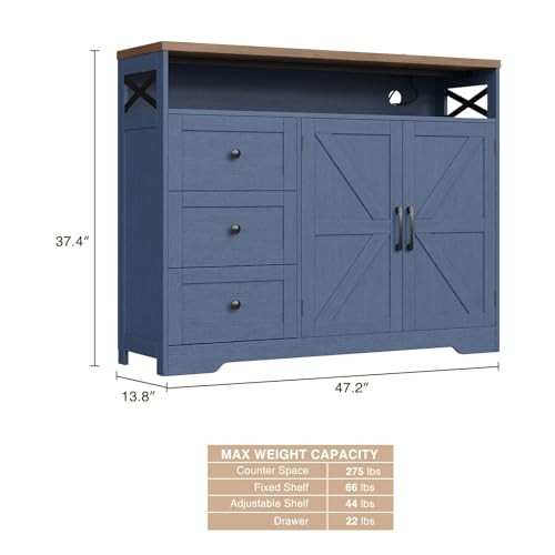 Image of 47 inch Blue Farmhouse Storage Cabinet with Barn Doors and Drawers, Sideboard | Buffet Cabinet with Storage, Kitchen Pantry Hutch, Coffee Bar Station Table for Kitchen, Living, Dining Room